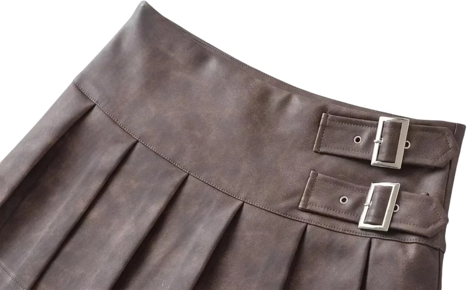 Women's Casual PU Leather Mini Skirt Buckled A-Line Cut Pleated Skirts