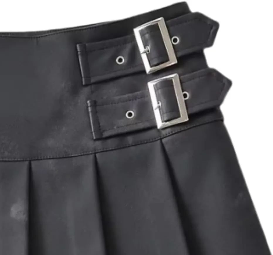 Women's Casual PU Leather Mini Skirt Buckled A-Line Cut Pleated Skirts
