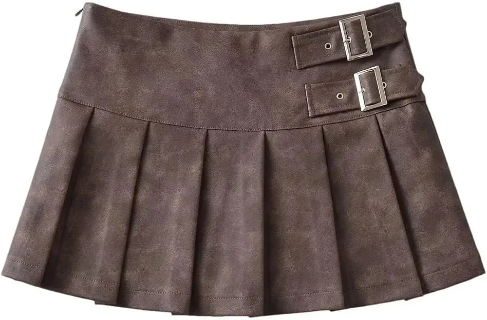 Women's Casual PU Leather Mini Skirt Buckled A-Line Cut Pleated Skirts