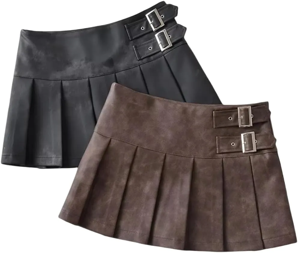 Women's Casual PU Leather Mini Skirt Buckled A-Line Cut Pleated Skirts