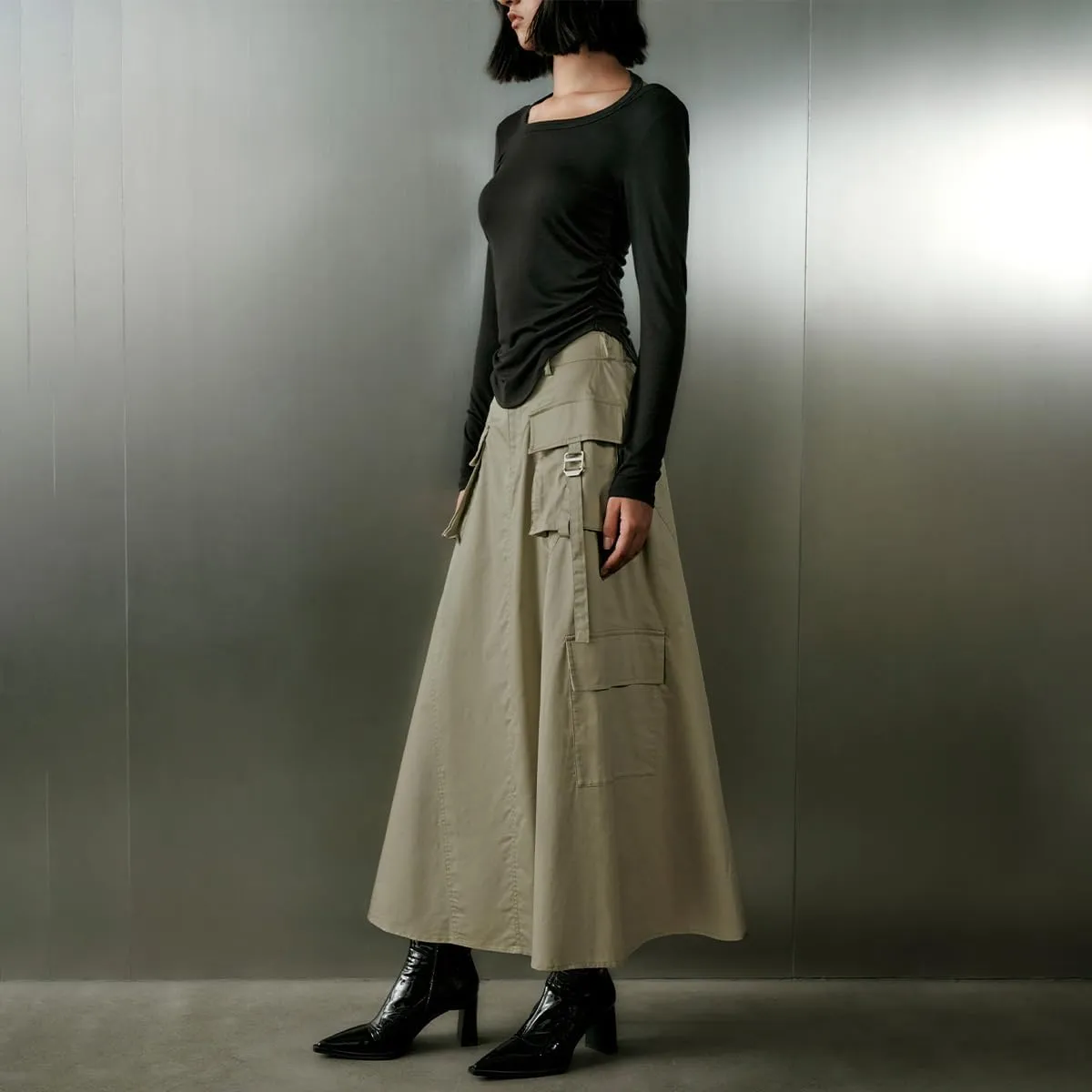 Women's Casual Skirt Elastic Waist A-Line Midi Skirts Pocket Side Oversized Long Cargo Skirt