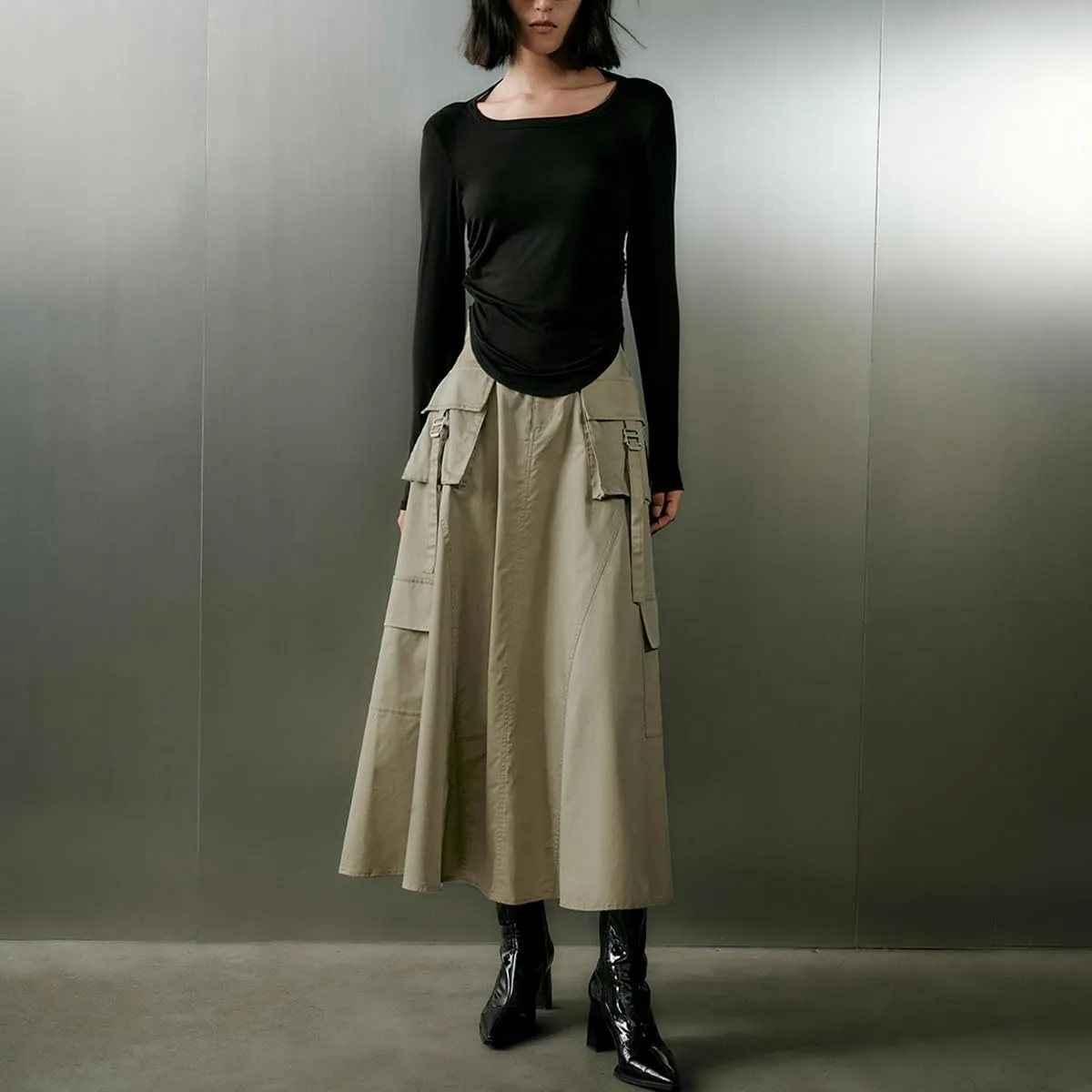 Women's Casual Skirt Elastic Waist A-Line Midi Skirts Pocket Side Oversized Long Cargo Skirt