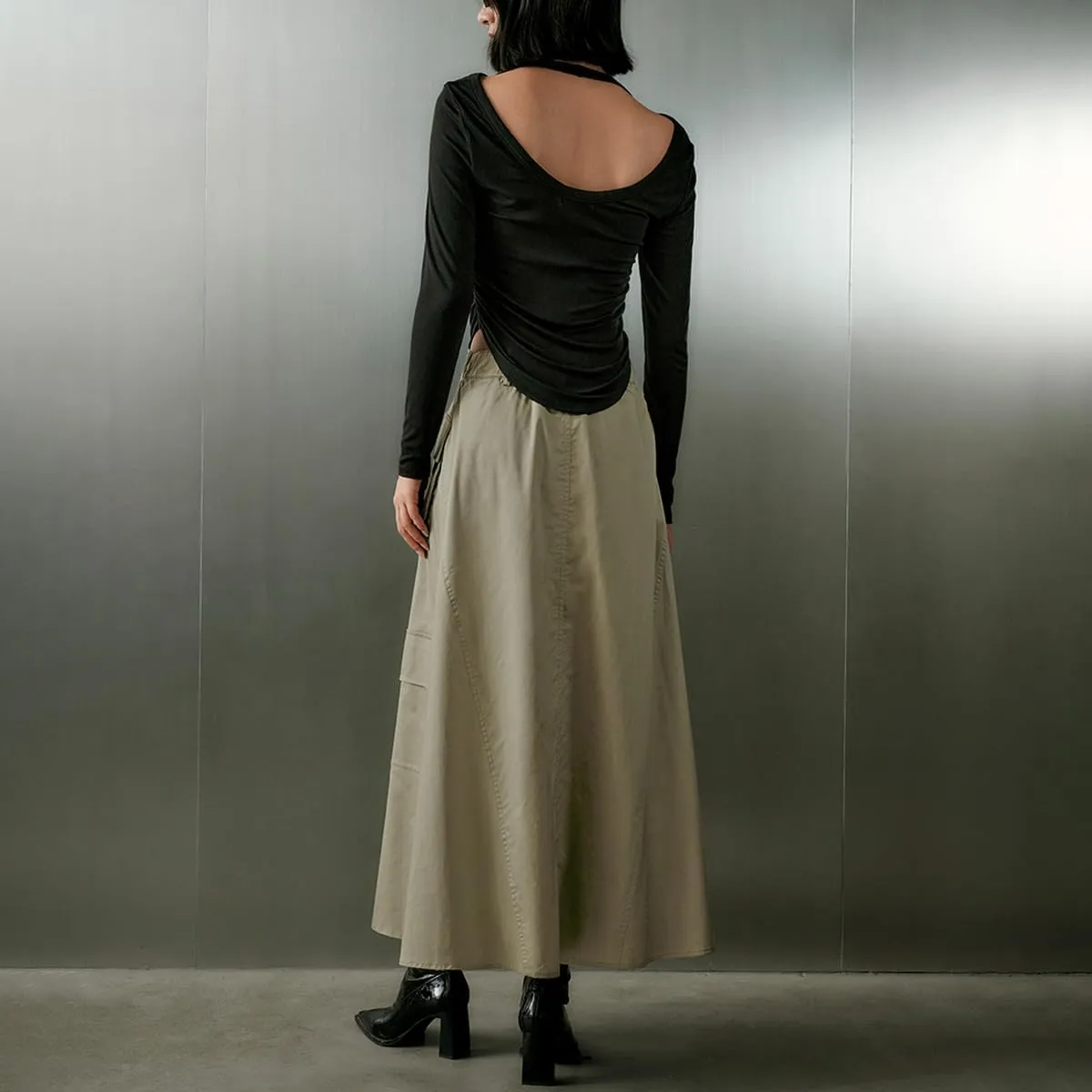 Women's Casual Skirt Elastic Waist A-Line Midi Skirts Pocket Side Oversized Long Cargo Skirt