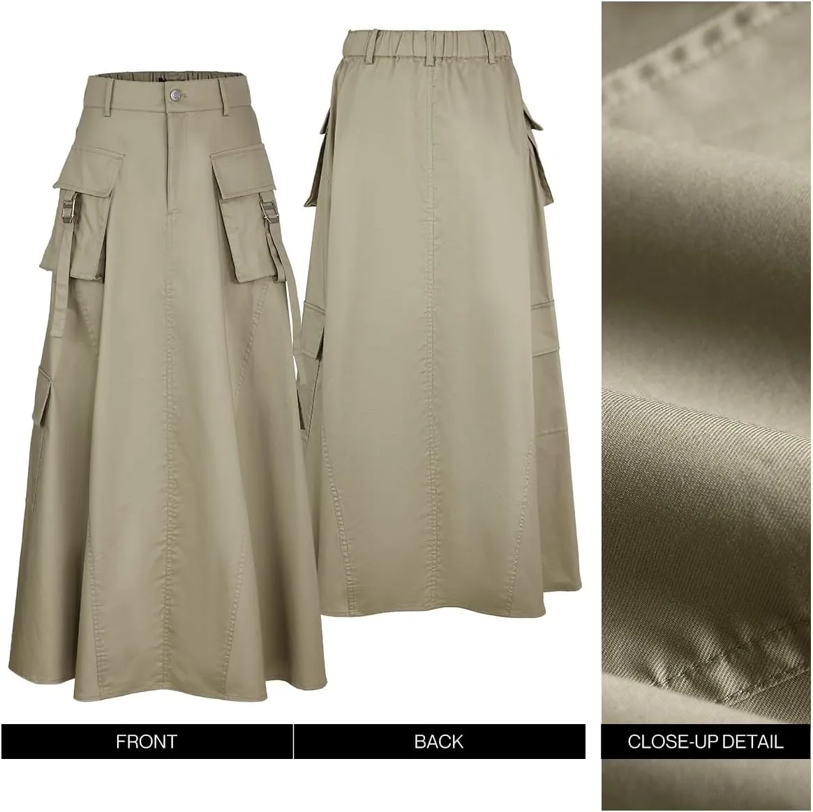 Women's Casual Skirt Elastic Waist A-Line Midi Skirts Pocket Side Oversized Long Cargo Skirt
