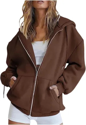 Womens Casual Solid Long Sleeve Zipper Hooded Coat Oversized Loose Outdoor Hiking Sports Sweatshirt Tops with Pocket