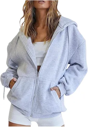 Womens Casual Solid Long Sleeve Zipper Hooded Coat Oversized Loose Outdoor Hiking Sports Sweatshirt Tops with Pocket