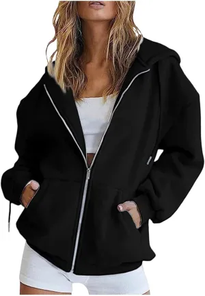 Womens Casual Solid Long Sleeve Zipper Hooded Coat Oversized Loose Outdoor Hiking Sports Sweatshirt Tops with Pocket