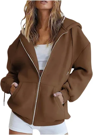 Womens Casual Solid Long Sleeve Zipper Hooded Coat Oversized Loose Outdoor Hiking Sports Sweatshirt Tops with Pocket