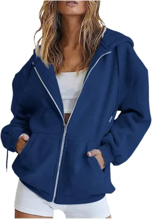 Womens Casual Solid Long Sleeve Zipper Hooded Coat Oversized Loose Outdoor Hiking Sports Sweatshirt Tops with Pocket