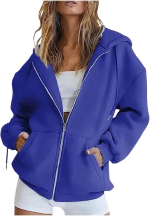Womens Casual Solid Long Sleeve Zipper Hooded Coat Oversized Loose Outdoor Hiking Sports Sweatshirt Tops with Pocket