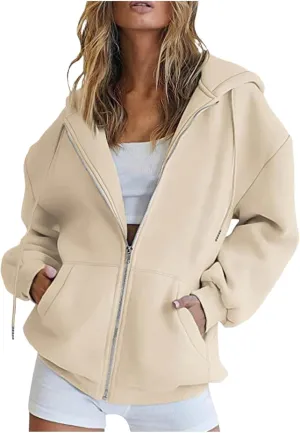 Womens Casual Solid Long Sleeve Zipper Hooded Coat Oversized Loose Outdoor Hiking Sports Sweatshirt Tops with Pocket