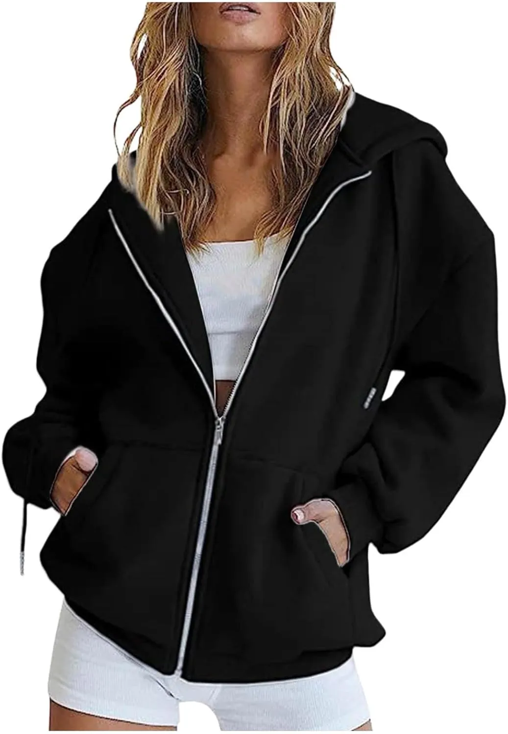 Womens Casual Solid Long Sleeve Zipper Hooded Coat Oversized Loose Outdoor Hiking Sports Sweatshirt Tops with Pocket