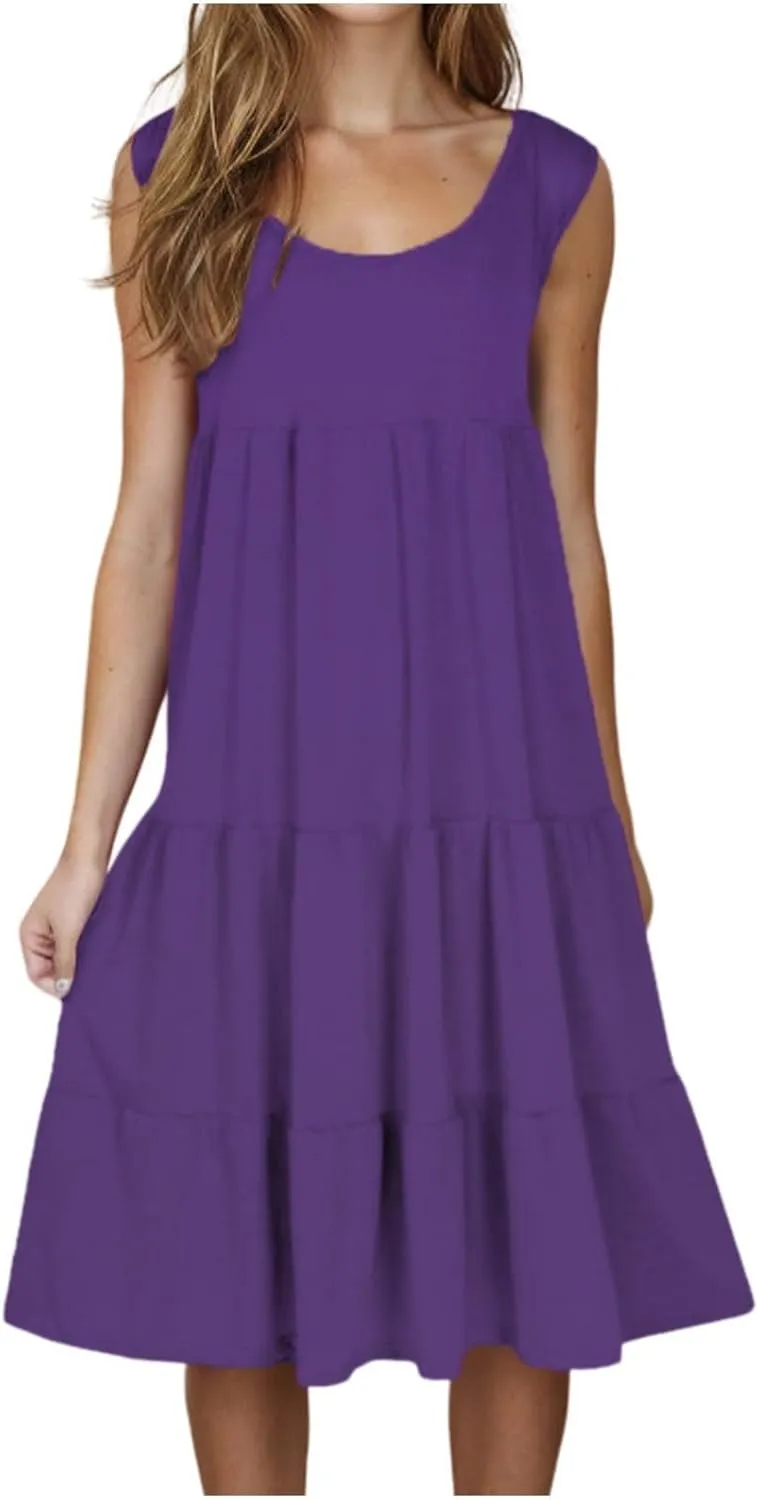 Womens Casual Sundresses 2025 Vacation Summer Beach Dresses Flowy Knee Length Tshirt Dress Sleeveless Ruffle Dress