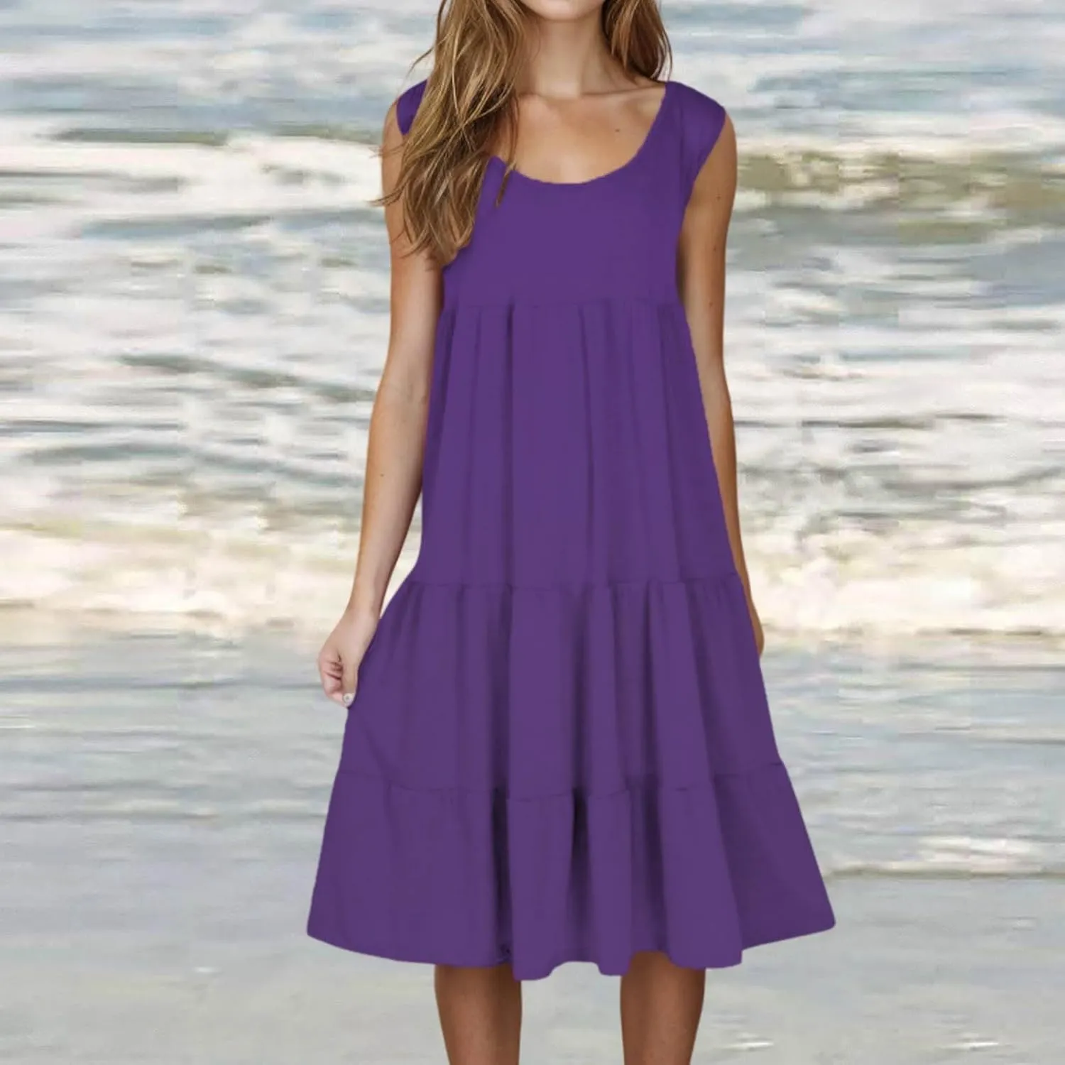 Womens Casual Sundresses 2025 Vacation Summer Beach Dresses Flowy Knee Length Tshirt Dress Sleeveless Ruffle Dress