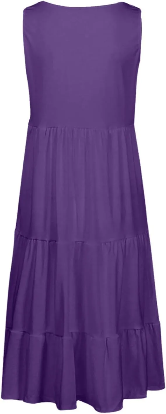 Womens Casual Sundresses 2025 Vacation Summer Beach Dresses Flowy Knee Length Tshirt Dress Sleeveless Ruffle Dress