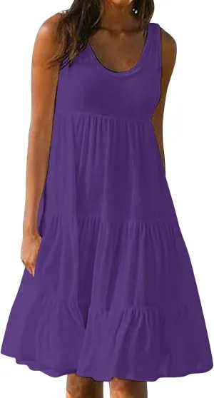 Womens Casual Sundresses 2025 Vacation Summer Beach Dresses Flowy Knee Length Tshirt Dress Sleeveless Ruffle Dress