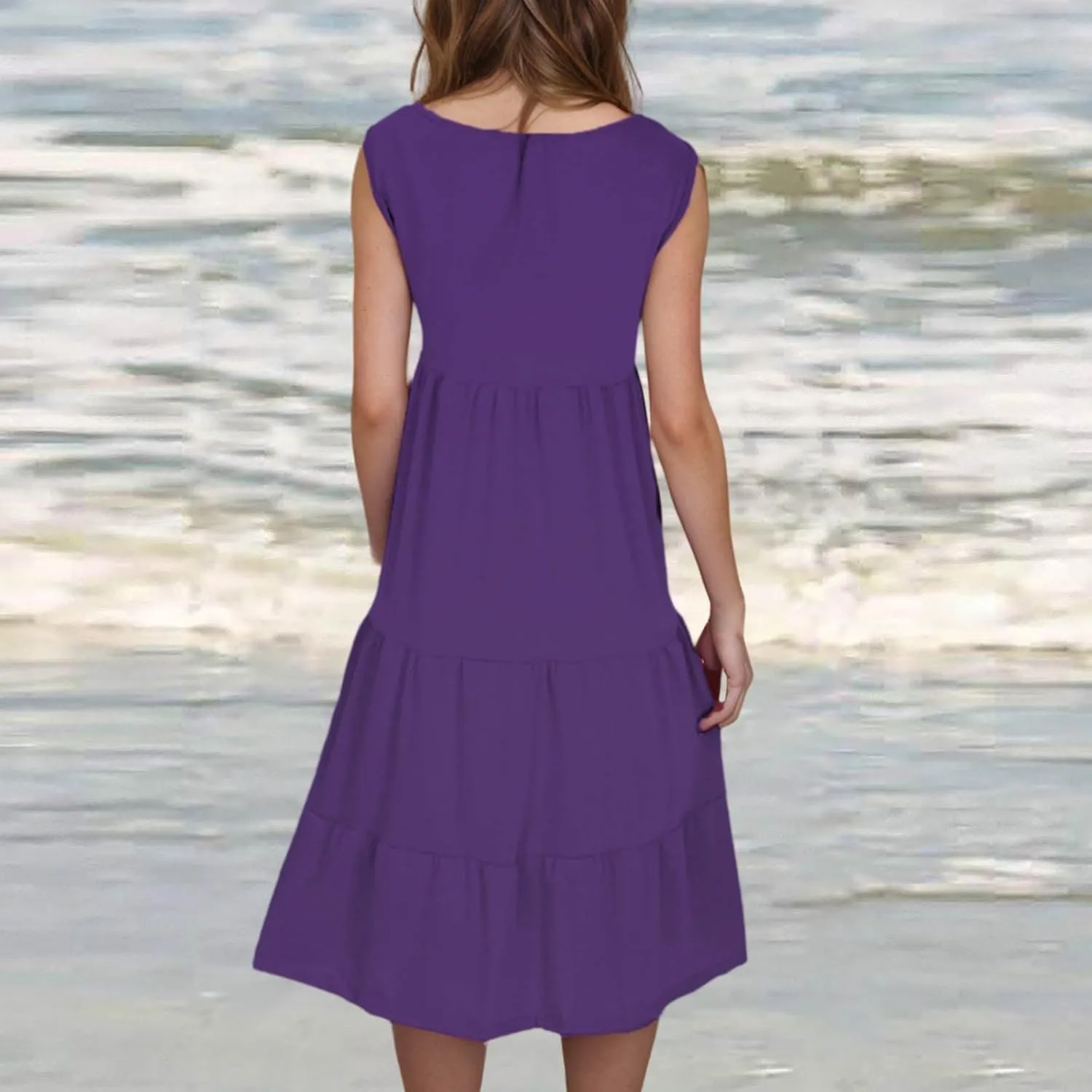 Womens Casual Sundresses 2025 Vacation Summer Beach Dresses Flowy Knee Length Tshirt Dress Sleeveless Ruffle Dress