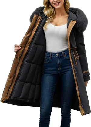 Women's Down Jacket Knee-Length Padded Thickened Quilted Puffer Pockets Winter Coat Outerwear Faux Fur Removable Hood