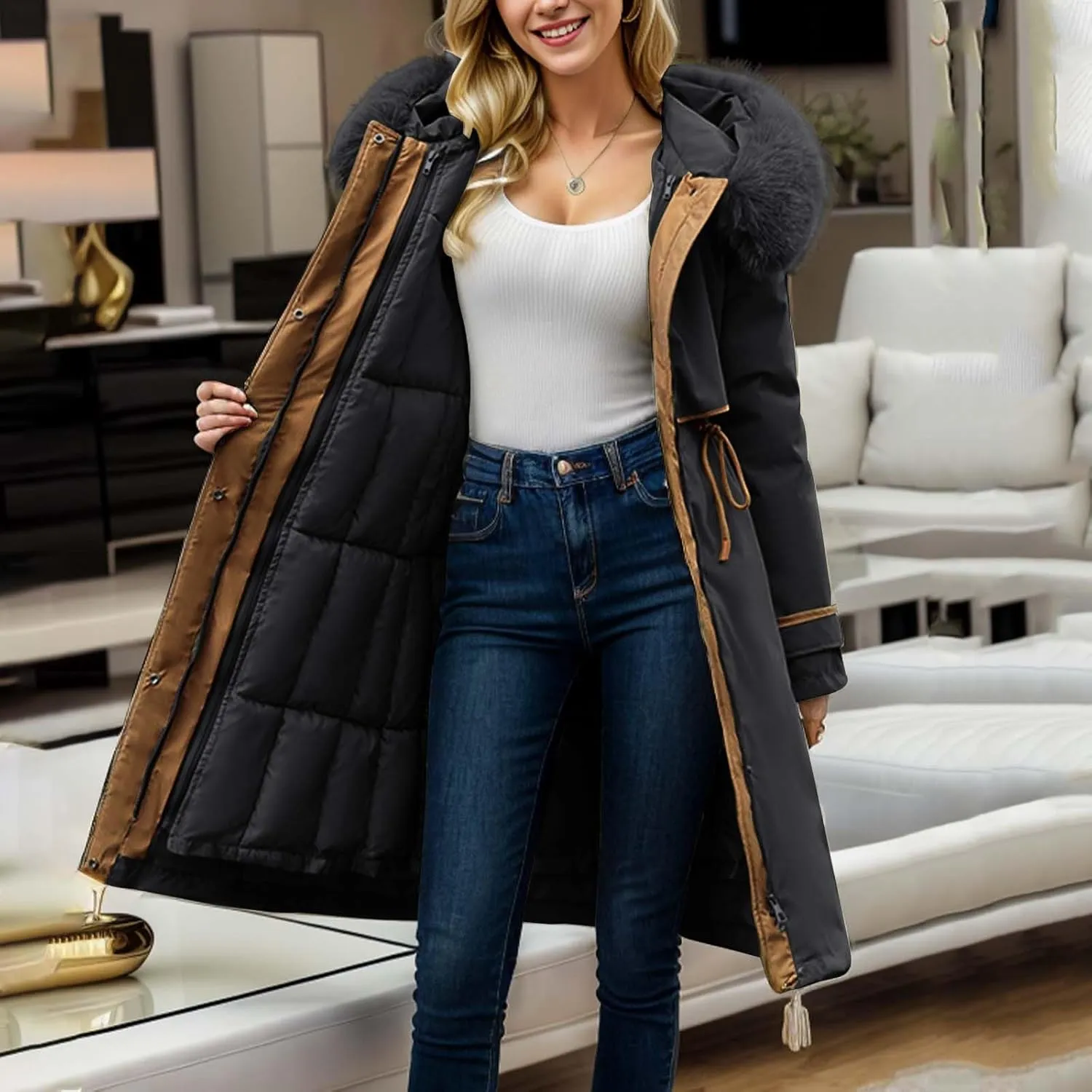 Women's Down Jacket Knee-Length Padded Thickened Quilted Puffer Pockets Winter Coat Outerwear Faux Fur Removable Hood