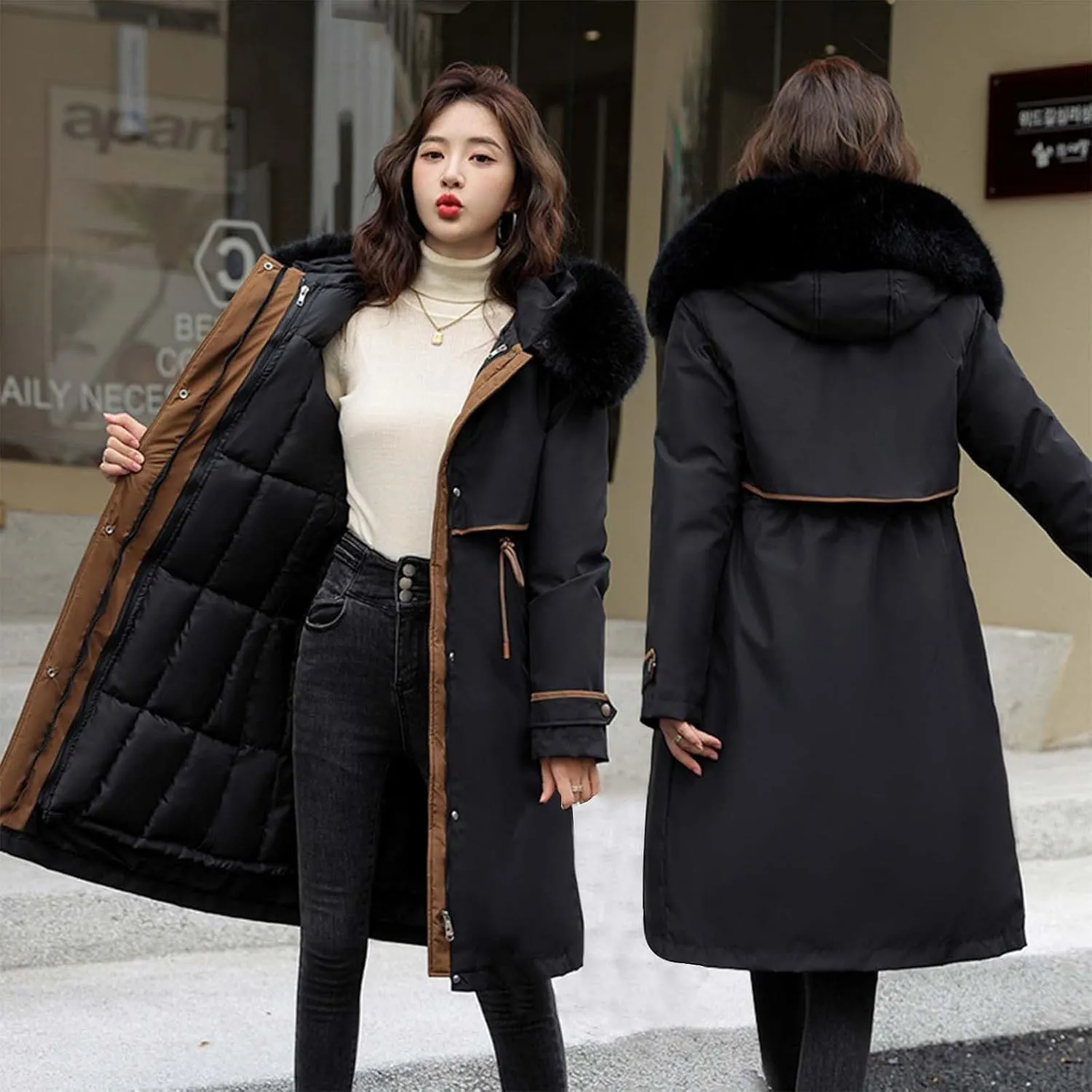 Women's Down Jacket Knee-Length Padded Thickened Quilted Puffer Pockets Winter Coat Outerwear Faux Fur Removable Hood