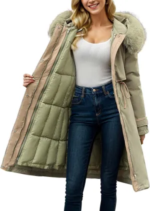 Women's Down Jacket Thickened Knee-Length Padded Quilted Puffer Winter Coat Pockets Outerwear Faux Fur Removable Hood