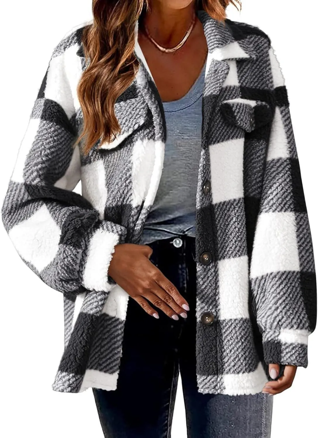Womens Fleece Jackets Casual Flannel Plaid Shacket Coat Button Down Lapel Collared Sherpa Jacket Cardigan with Pocket