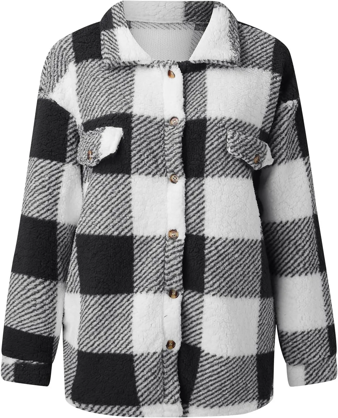 Womens Fleece Jackets Casual Flannel Plaid Shacket Coat Button Down Lapel Collared Sherpa Jacket Cardigan with Pocket