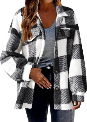 Womens Fleece Jackets Casual Flannel Plaid Shacket Coat Button Down Lapel Collared Sherpa Jacket Cardigan with Pocket