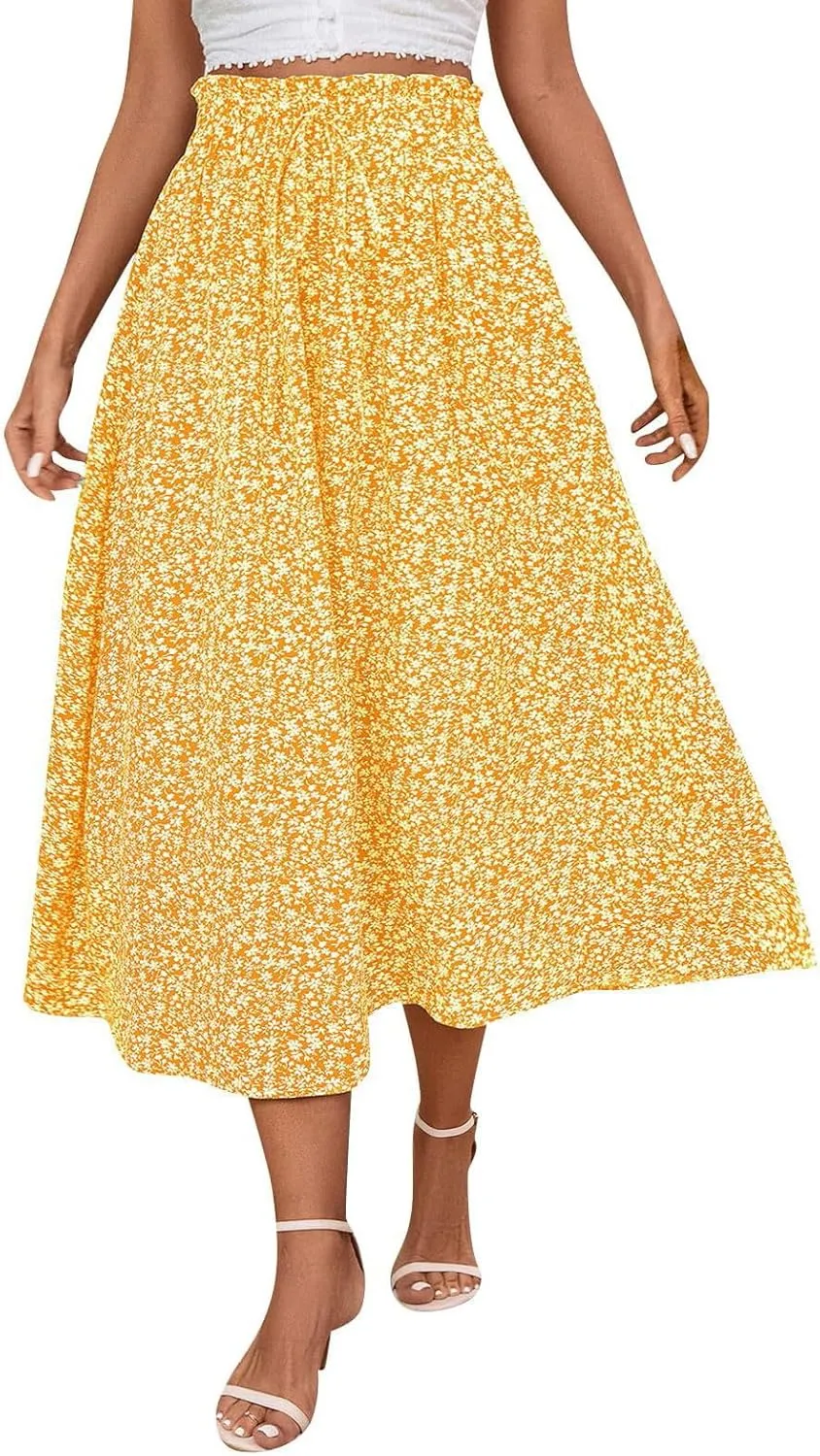 Women's High Elastic Waist Midi Skirt Summer Casual Trendy Flowy Floral Print A line Skirt Boho Beach Maxi Skirts