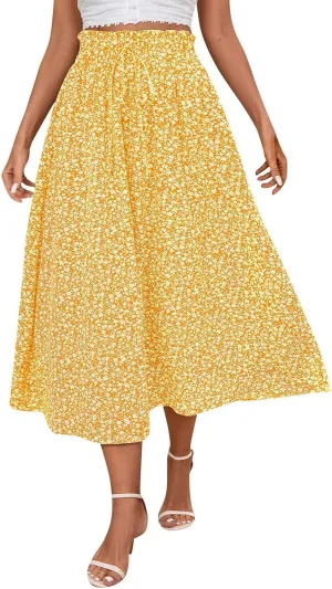 Women's High Elastic Waist Midi Skirt Summer Casual Trendy Flowy Floral Print A line Skirt Boho Beach Maxi Skirts