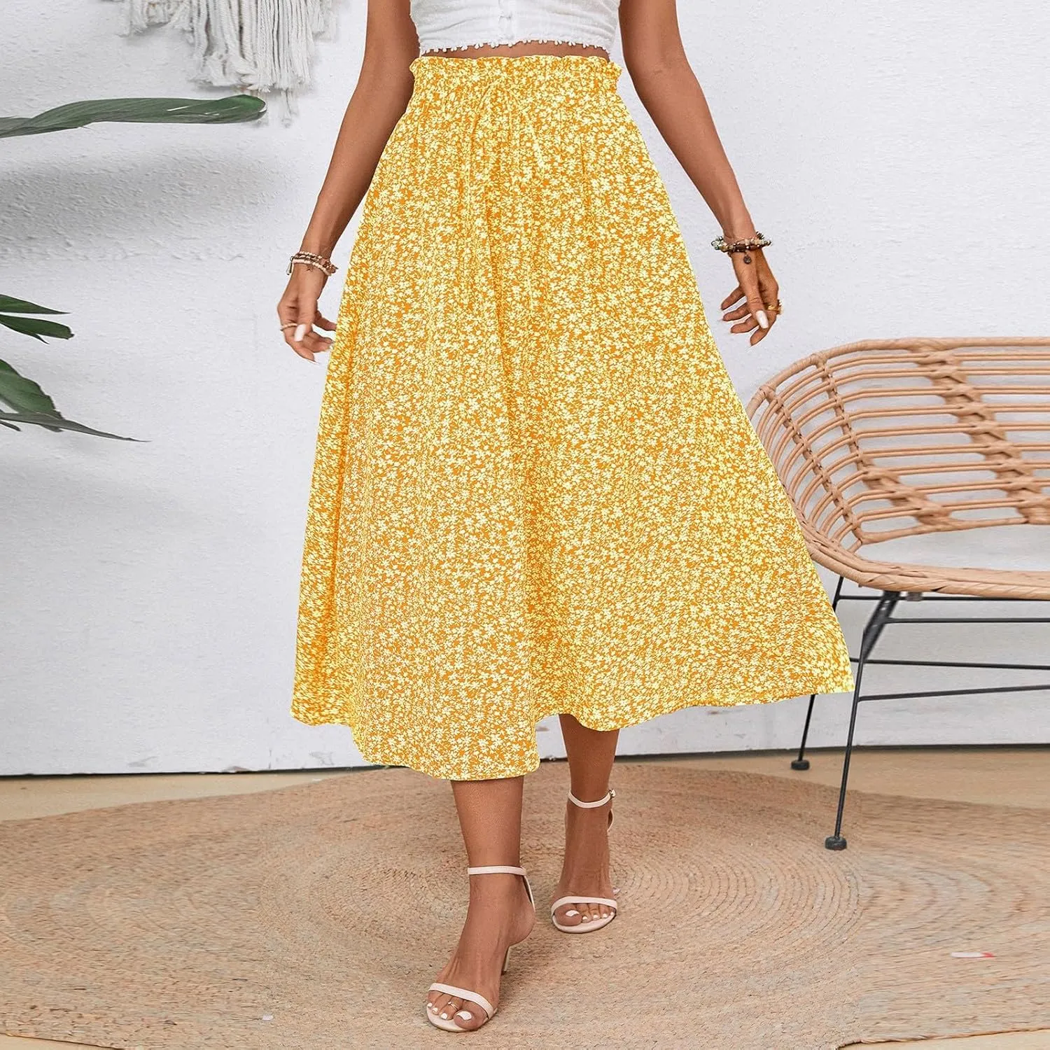Women's High Elastic Waist Midi Skirt Summer Casual Trendy Flowy Floral Print A line Skirt Boho Beach Maxi Skirts