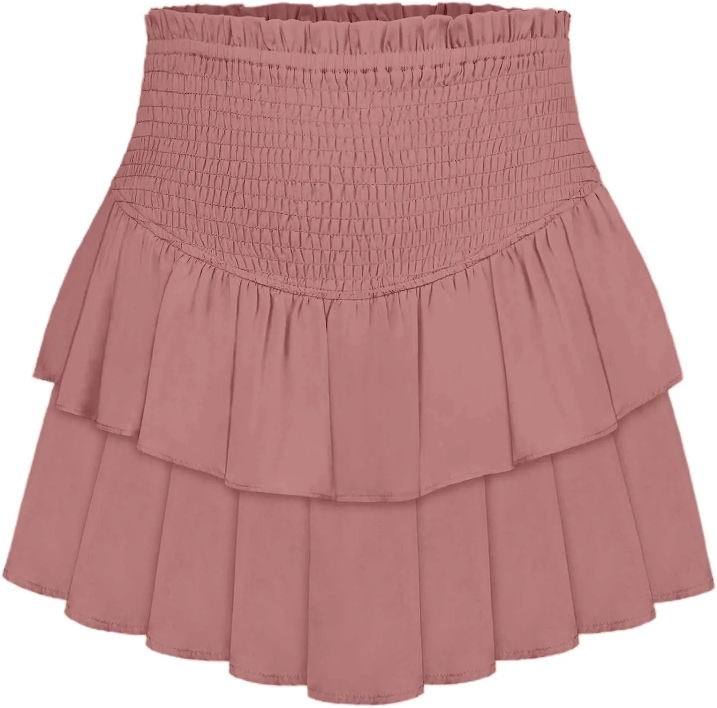 Women's High Waist Ruffle Flowy Mini Skirts Stretchy Waist Solid Lined Layered Pleated Casual Beach Short Skirt