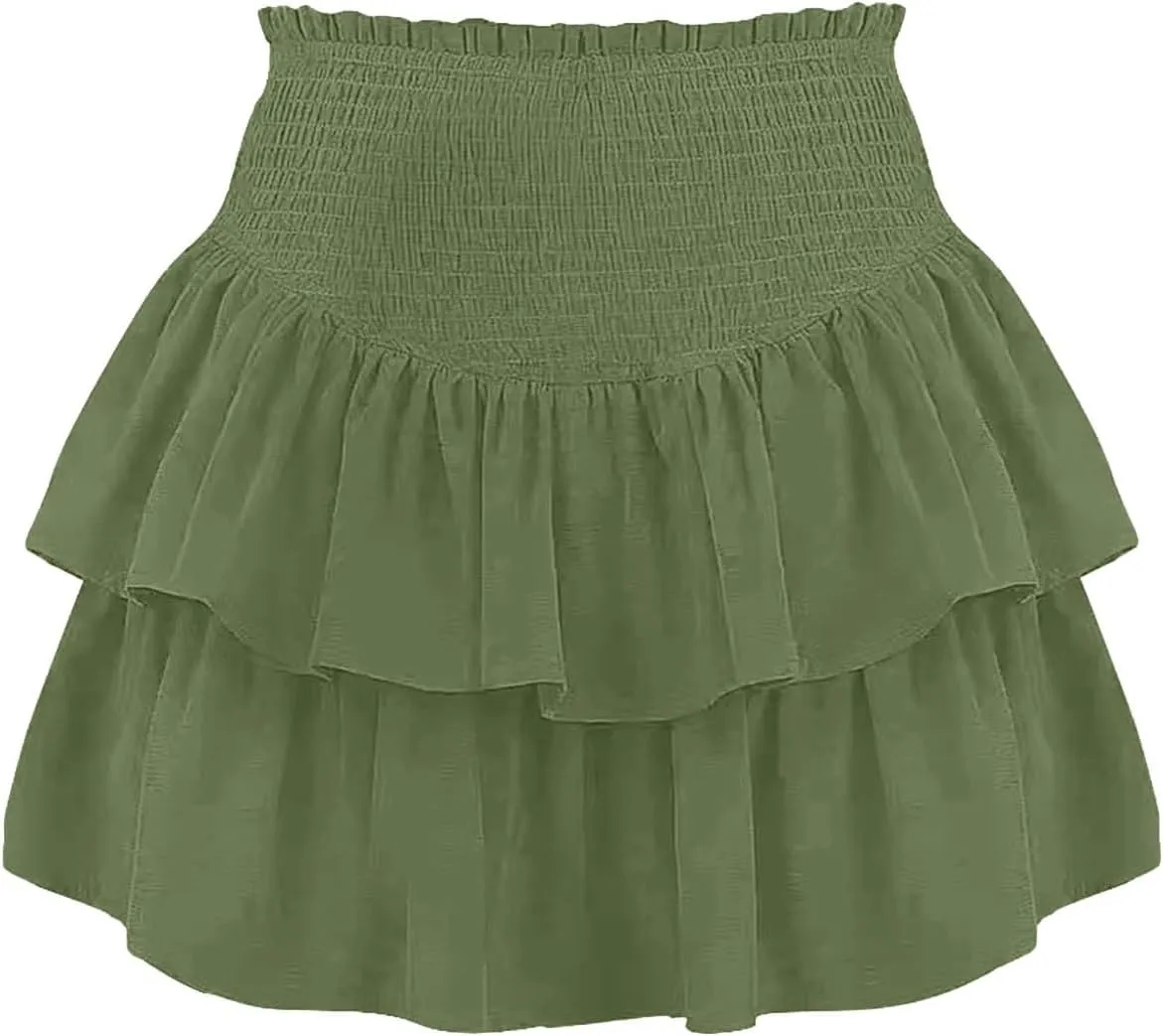 Women's High Waist Ruffle Flowy Mini Skirts Stretchy Waist Solid Lined Layered Pleated Casual Beach Short Skirt