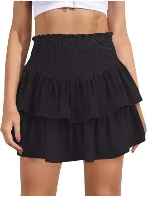 Women's High Waist Ruffle Flowy Mini Skirts Stretchy Waist Solid Lined Layered Pleated Casual Beach Short Skirt