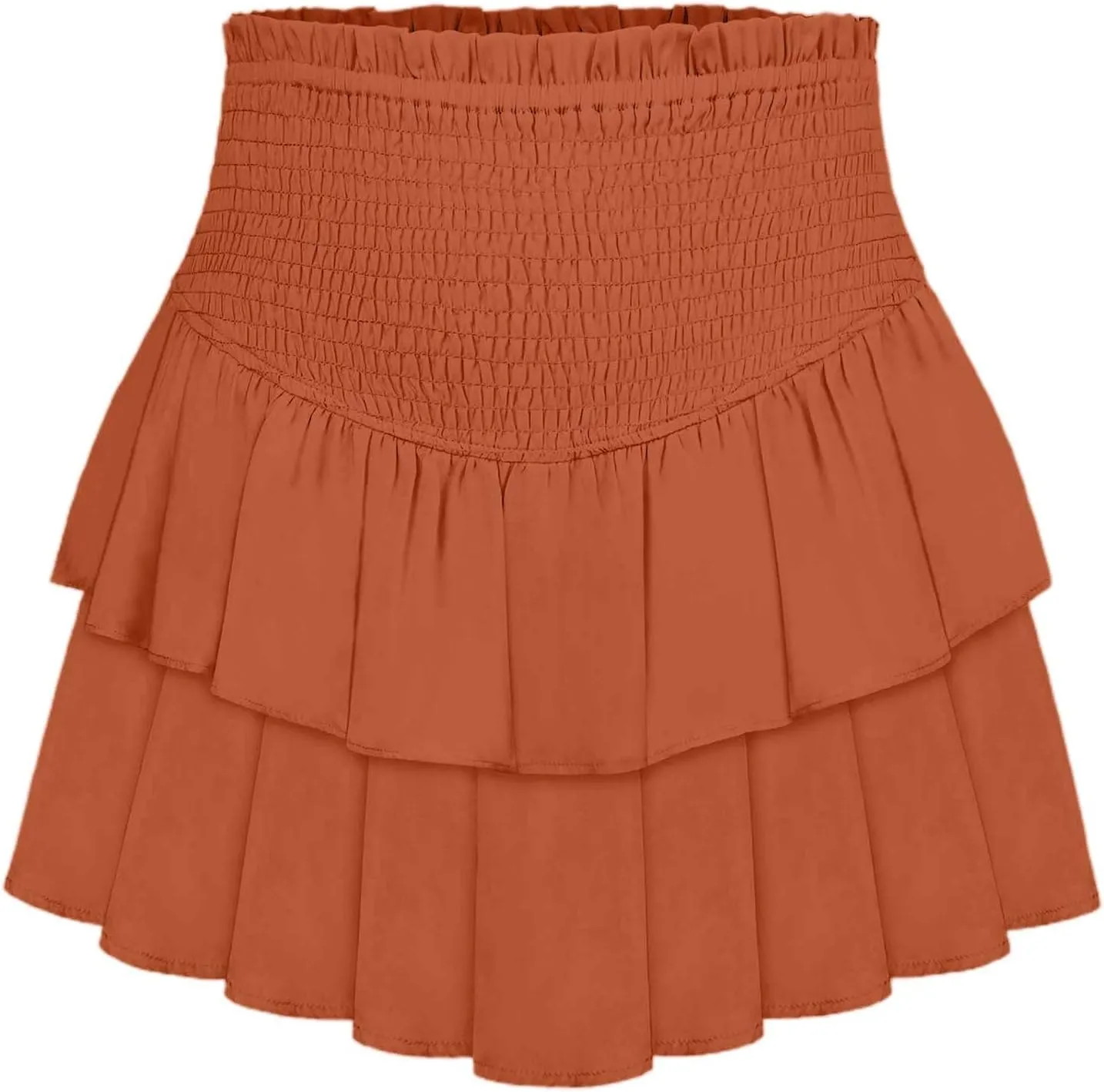 Women's High Waist Ruffle Flowy Mini Skirts Stretchy Waist Solid Lined Layered Pleated Casual Beach Short Skirt