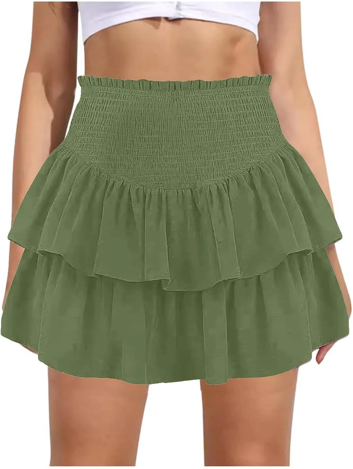 Women's High Waist Ruffle Flowy Mini Skirts Stretchy Waist Solid Lined Layered Pleated Casual Beach Short Skirt