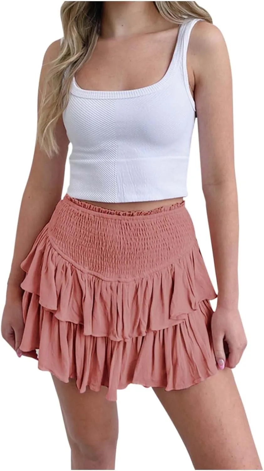 Women's High Waist Ruffle Flowy Mini Skirts Stretchy Waist Solid Lined Layered Pleated Casual Beach Short Skirt