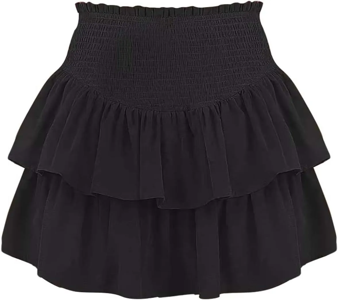 Women's High Waist Ruffle Flowy Mini Skirts Stretchy Waist Solid Lined Layered Pleated Casual Beach Short Skirt