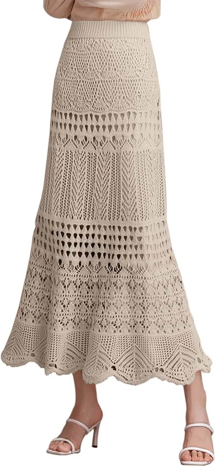 Women's Hollow Out Knitted Wrap Skirts Stretchy High Waist Patterned Lined Lace Elegant Bodycon Maxi Skirt