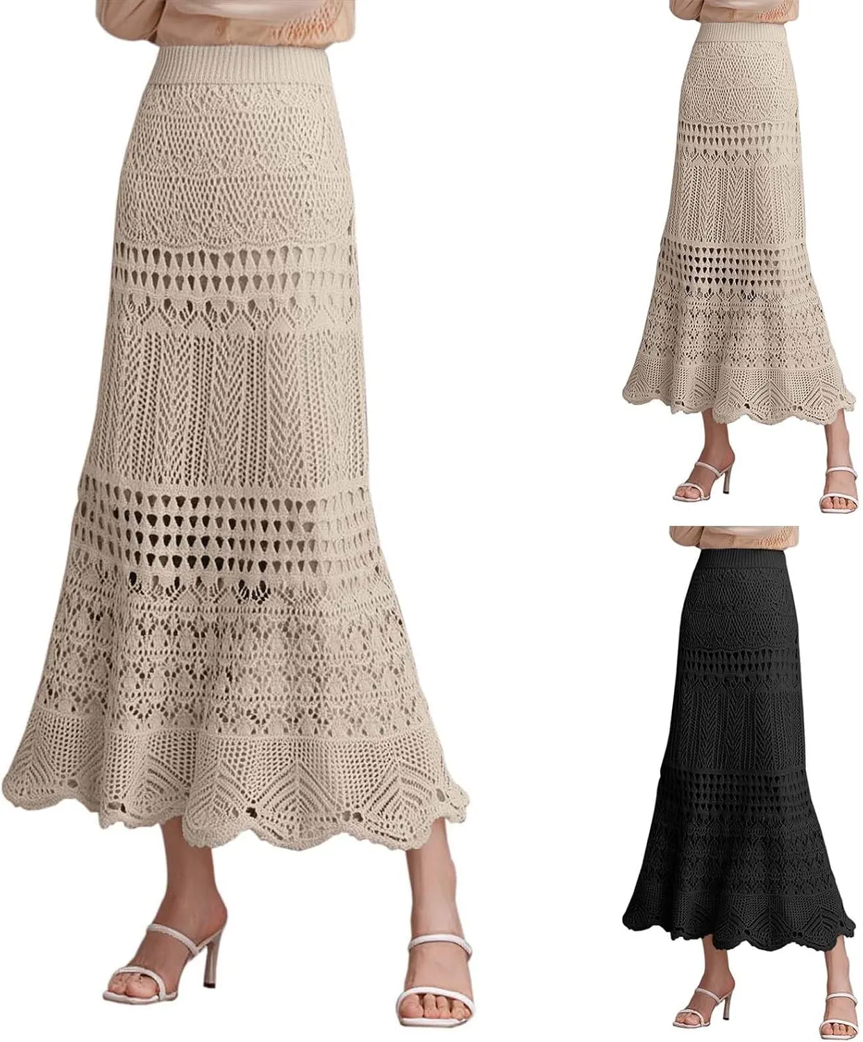 Women's Hollow Out Knitted Wrap Skirts Stretchy High Waist Patterned Lined Lace Elegant Bodycon Maxi Skirt