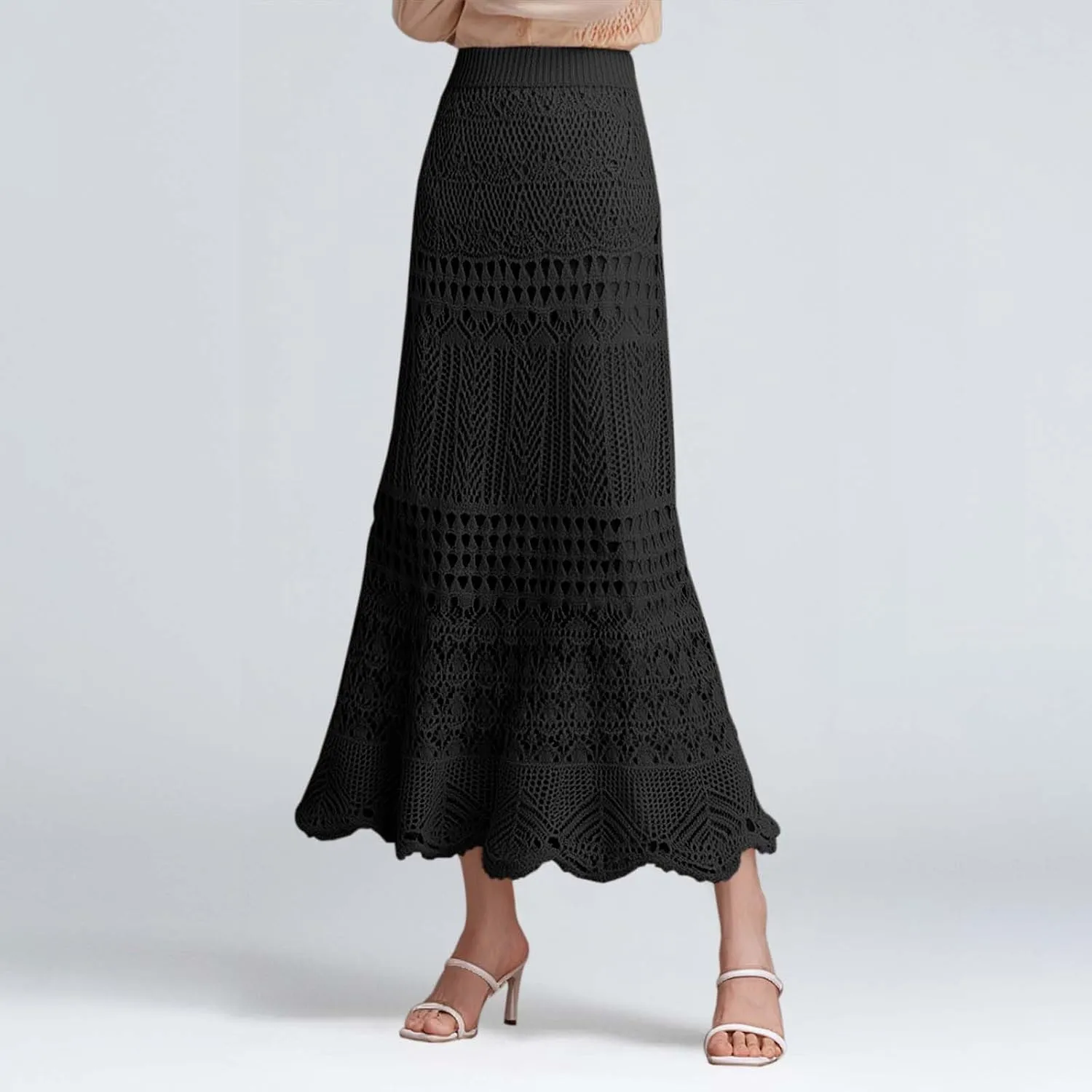 Women's Hollow Out Knitted Wrap Skirts Stretchy High Waist Patterned Lined Lace Elegant Bodycon Maxi Skirt