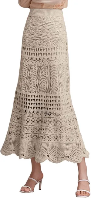 Women's Hollow Out Knitted Wrap Skirts Stretchy High Waist Patterned Lined Lace Elegant Bodycon Maxi Skirt