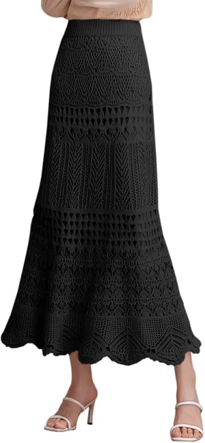 Women's Hollow Out Knitted Wrap Skirts Stretchy High Waist Patterned Lined Lace Elegant Bodycon Maxi Skirt