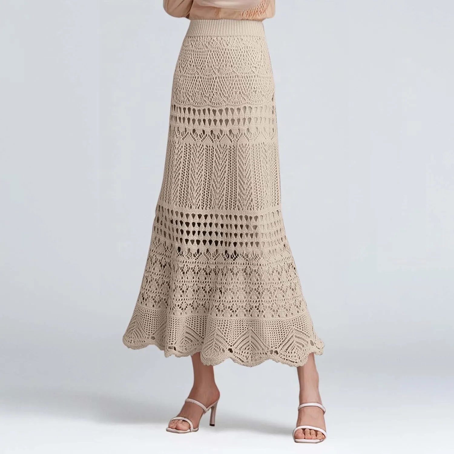 Women's Hollow Out Knitted Wrap Skirts Stretchy High Waist Patterned Lined Lace Elegant Bodycon Maxi Skirt