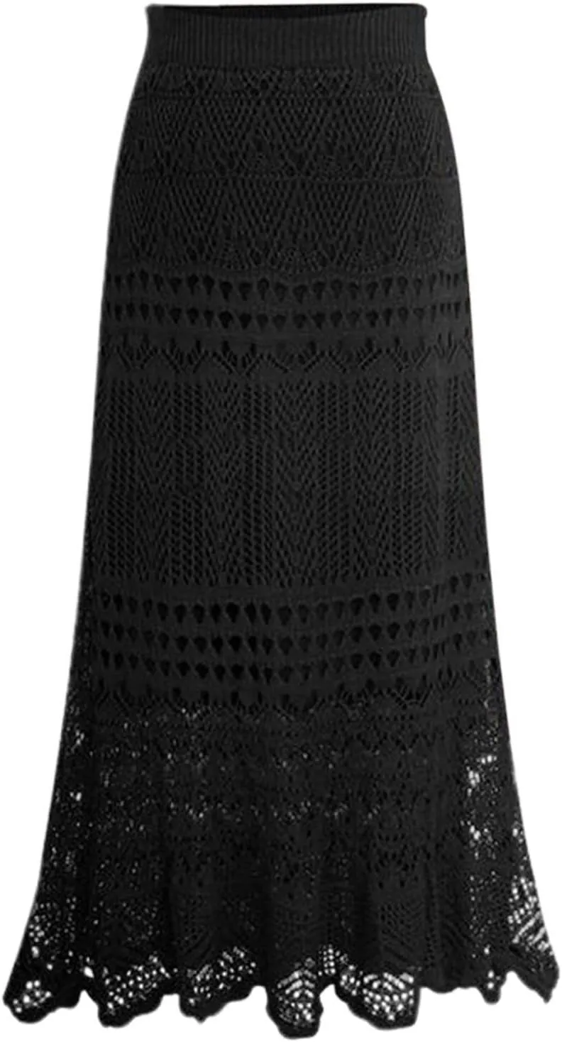 Women's Hollow Out Knitted Wrap Skirts Stretchy High Waist Patterned Lined Lace Elegant Bodycon Maxi Skirt