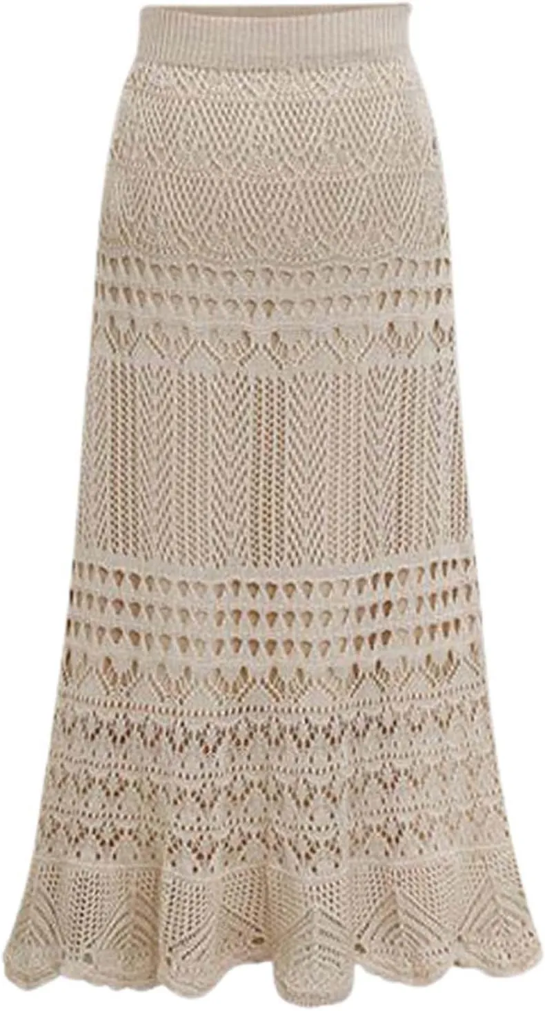 Women's Hollow Out Knitted Wrap Skirts Stretchy High Waist Patterned Lined Lace Elegant Bodycon Maxi Skirt