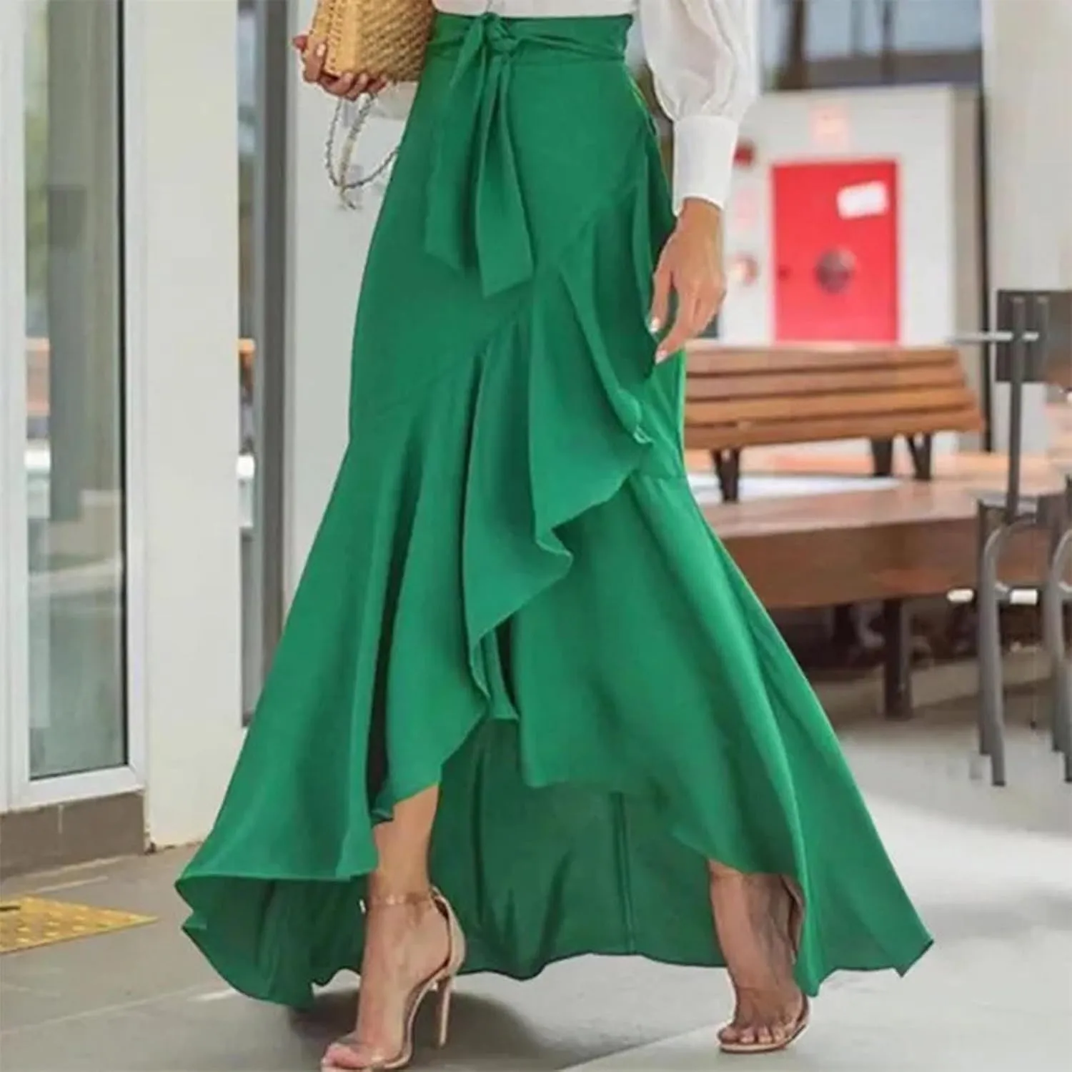 Women's Irregular Ruffle Hem Wrap Skirts Summer Bohemian Flowy Maxi Skirt Trendy Young Women Glamorous Casual Dress