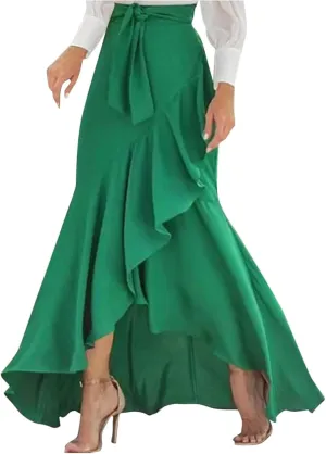 Women's Irregular Ruffle Hem Wrap Skirts Summer Bohemian Flowy Maxi Skirt Trendy Young Women Glamorous Casual Dress