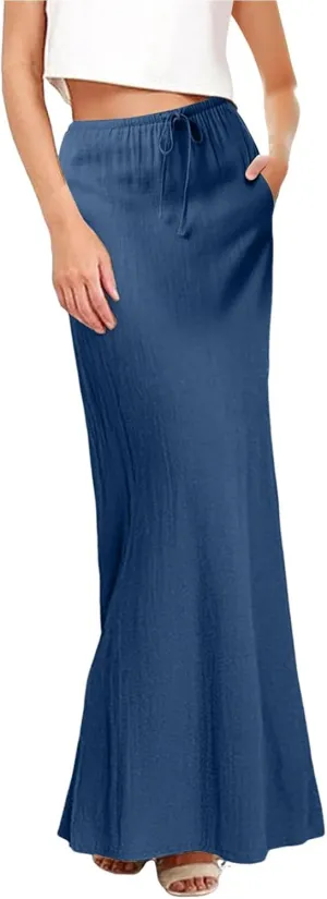 Womens Linen Maxi Skirts Drawstring Low Waist A Line Casual Skirt Cute Vacation Long Flowy Cotton Outfits with Back Slit