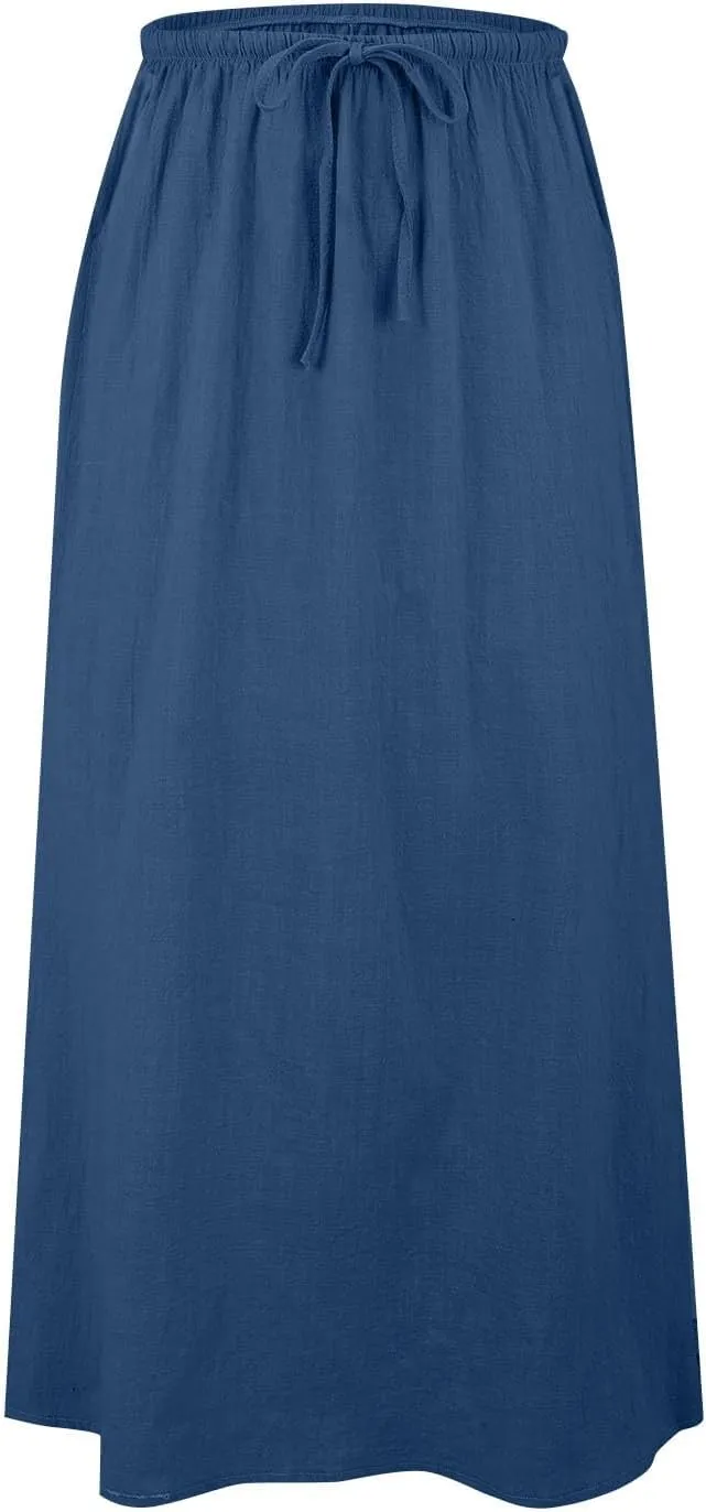 Womens Linen Maxi Skirts Drawstring Low Waist A Line Casual Skirt Cute Vacation Long Flowy Cotton Outfits with Back Slit